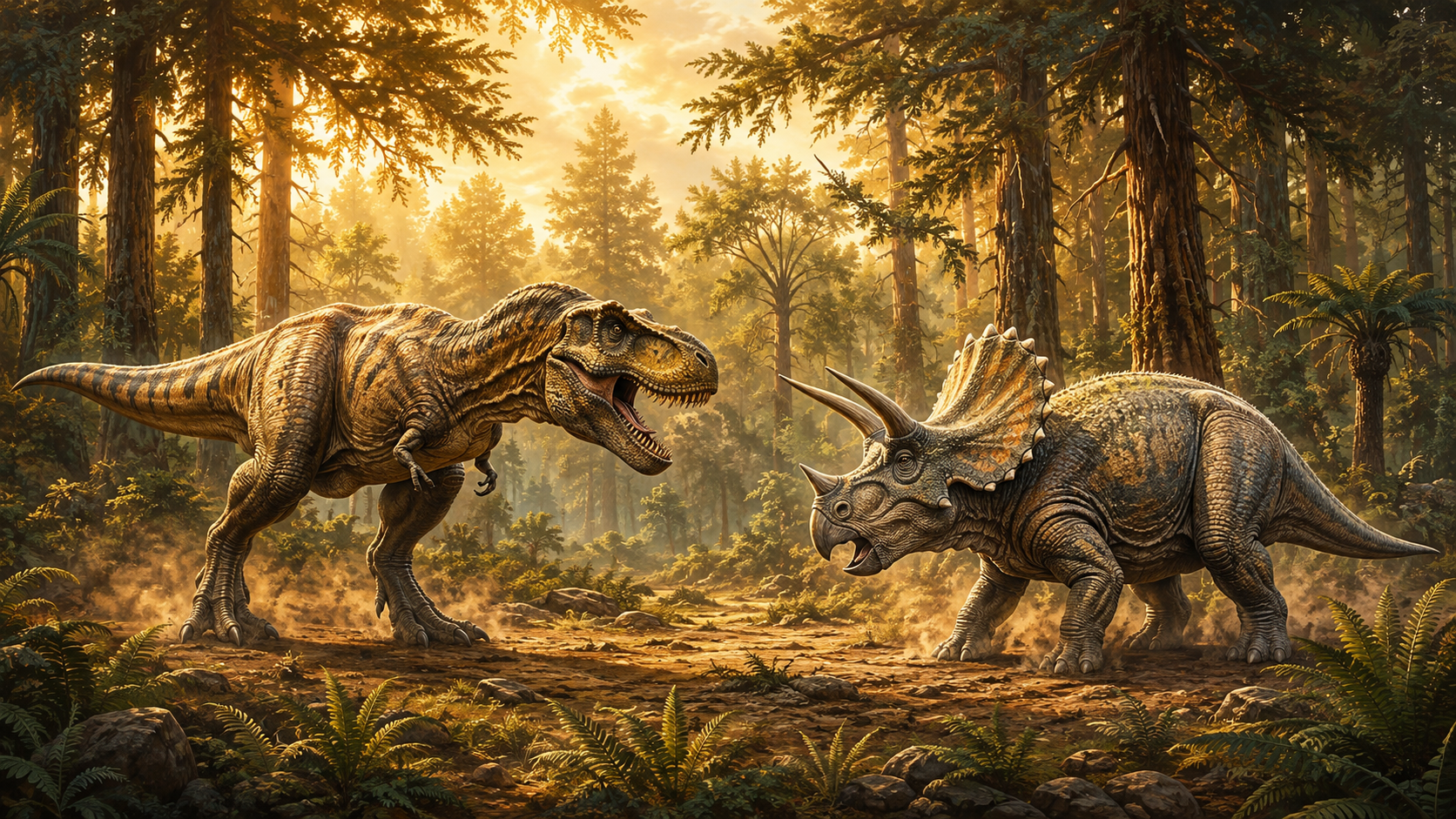 T. rex and Triceratops face off in a sunlit clearing.